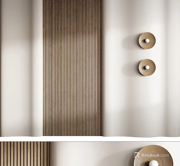Modern Interior Design With Wooden Slat Wall And Circular Wall Lamps 3d model 