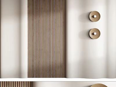 Modern Interior Design With Wooden Slat Wall And Circular Wall Lamps 3d model