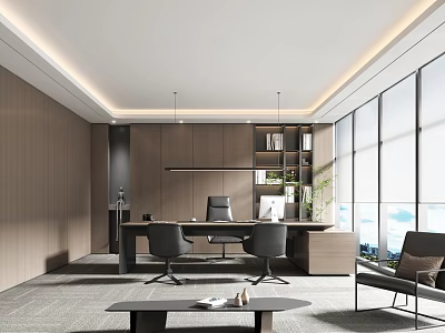Modern Office Interior Design With Wooden Walls Large Windows Desk Bookshelf And Green Plant 3d model