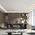 Modern Office Interior Design With Wooden Walls Large Windows Desk Bookshelf And Green Plant
