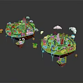 Colorful Cartoon Scenery Featuring Two Floating Islands With City Buildings Green Plants Clouds And Windmills