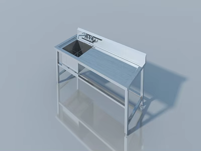 Sliding Doors In Modern Kitchen With Stainless Steel Workbench Sink And Faucet 3d model