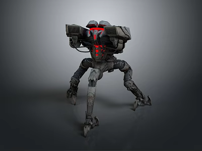 Sci Fi Mechanical Four Legged Character With Red Glowing Parts And Weapon Turrets 3d model