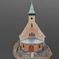Rural Church Building With Orange Walls Red Tiled Roof Green Steeple And Arched Windows