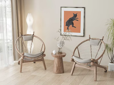 Modern Minimalist Living Room With Rattan Chairs Wooden Frame Gray Cushions And Small Round Table 3d model