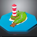 Modern 3D Scene With Red White Lighthouse Green Island Pebble Path Wooden Bridge Blue Water