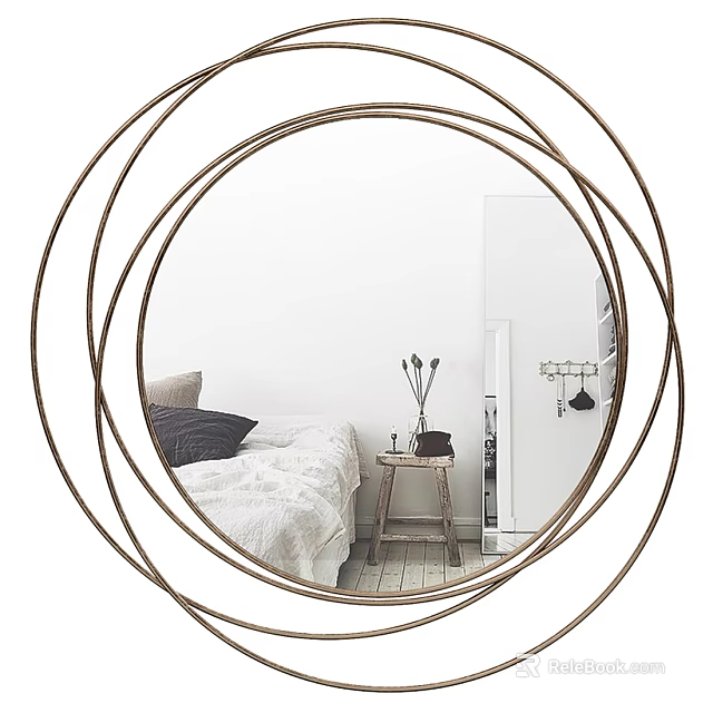 Circular Decorative Mirror With Multiple Metallic Rings Reflecting Bedroom Scene Including Bed Table And Vase 3d model 
