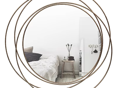 Circular Decorative Mirror With Multiple Metallic Rings Reflecting Bedroom Scene Including Bed Table And Vase 3d model