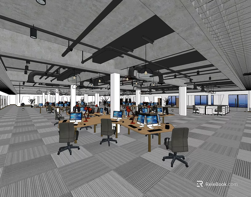 Spacious Public Office Space With Workstations Computers Office Chairs Exposed Ceiling And Carpeted Floors 3d model 