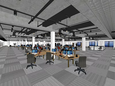 Spacious Public Office Space With Workstations Computers Office Chairs Exposed Ceiling And Carpeted Floors 3d model