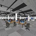 Spacious Public Office Space With Workstations Computers Office Chairs Exposed Ceiling And Carpeted Floors 3d model