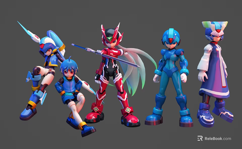 Game And Animated Characters With Colorful Costumes Action Poses And Weaponry 3d model 