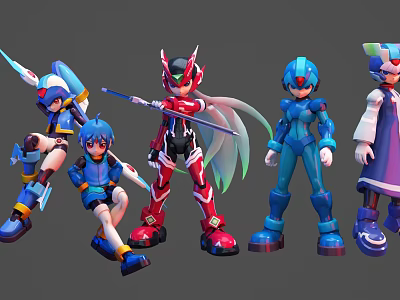 Game And Animated Characters With Colorful Costumes Action Poses And Weaponry 3d model