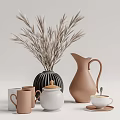 Modern Black Striped Vase with Dried Grasses Brown Pitcher White Jar Mugs
