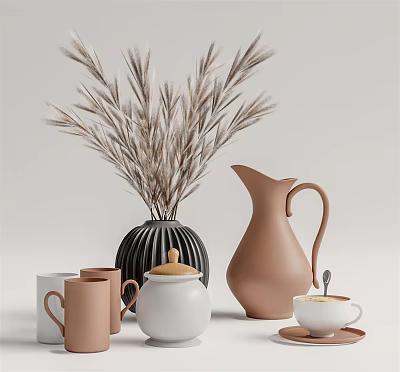 Modern Black Striped Vase with Dried Grasses Brown Pitcher White Jar Mugs 3d model