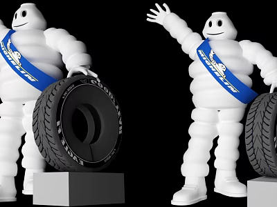 Michelin Man Mascots Holding Car Tires On Pedestals With Blue Sashes 3d model