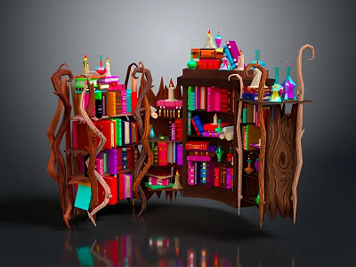 Enchanting Fantasy Bookshelf With Colorful Books Bottles And Unique Wooden Decorative Structure 3d model