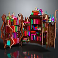 Enchanting Fantasy Bookshelf With Colorful Books Bottles And Unique Wooden Decorative Structure