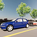 Blue Compact Car Towing Trailer On Road With Green Trees And Blue Sky