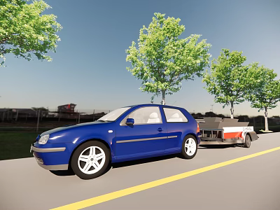 Blue Compact Car Towing Trailer On Road With Green Trees And Blue Sky 3d model