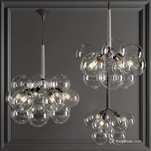 Modern Glass Ball Chandelier with Multiple Transparent Globes and Metal Frame Design Illuminated 3d model 
