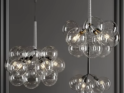 Modern Glass Ball Chandelier with Multiple Transparent Globes and Metal Frame Design Illuminated 3d model