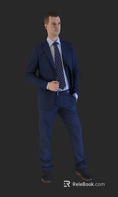 Man In Formal Blue Suit With Polka Dot Tie And Hands In Pockets 3d model 