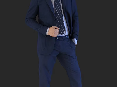 Man In Formal Blue Suit With Polka Dot Tie And Hands In Pockets 3d model