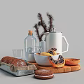 Freshly Baked Bread Pomegranate And Small Cake On Wooden Cutting Board With Glassware And Teapot