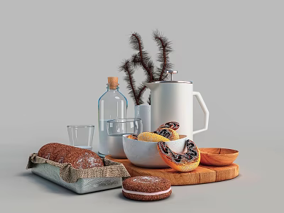 Freshly Baked Bread Pomegranate And Small Cake On Wooden Cutting Board With Glassware And Teapot 3d model
