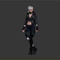 Silver Haired Woman In Black Leather Jacket And Combat Boots Standing