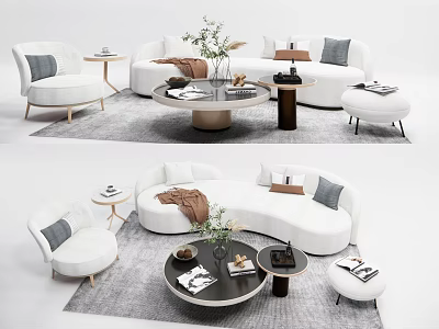 Contemporary White Sofa Coffee Table Set With Gray Cushions Round Table Side Tables and Plants 3d model