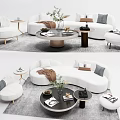 Contemporary White Sofa Coffee Table Set With Gray Cushions Round Table Side Tables and Plants 3d model