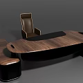 Modern Walnut Office Desk With Black Panel Brown Leather Chair And Matching Bench