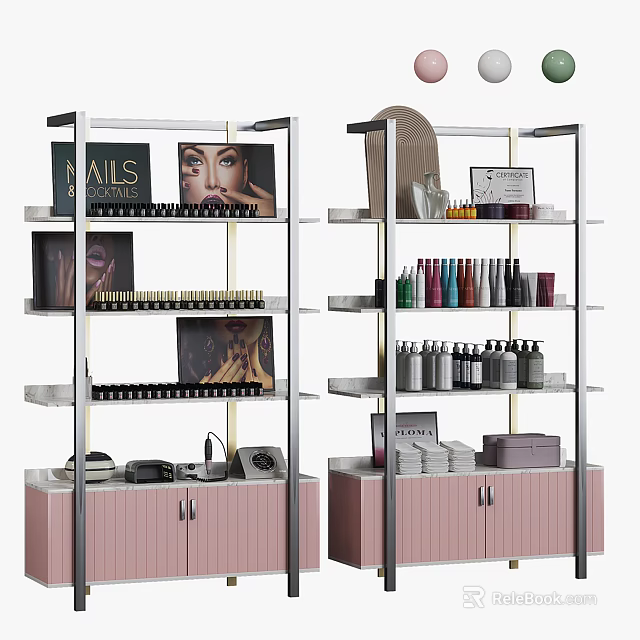 Multi Tiered Retail Display Shelves With Nail Cosmetics Bottles And Pink Storage Cabinets 3d model 