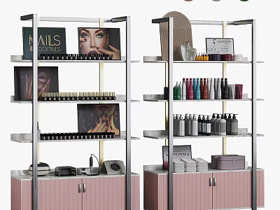 Multi Tiered Retail Display Shelves With Nail Cosmetics Bottles And Pink Storage Cabinets 3d model