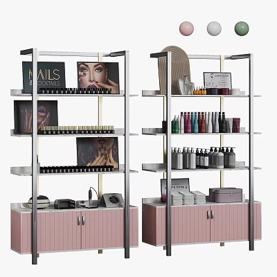 Multi Tiered Retail Display Shelves With Nail Cosmetics Bottles And Pink Storage Cabinets 3d model