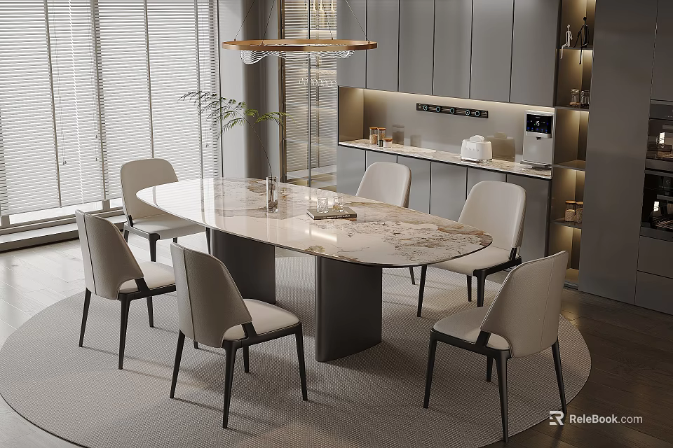 Elegant Modern Restaurant Interior With Marble Dining Table Beige Chairs And Pendant Light 3d model 