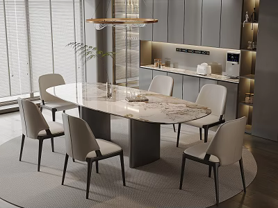 Elegant Modern Restaurant Interior With Marble Dining Table Beige Chairs And Pendant Light 3d model