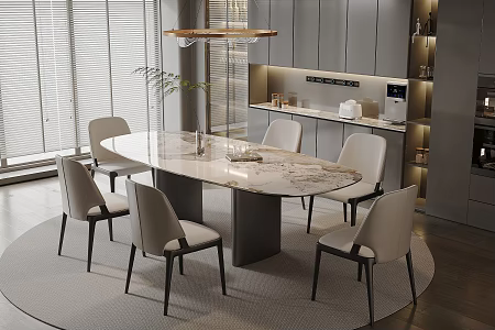 Light Luxury Home Restaurant Marble Bar Dining Table and Chair Combination Leather Backrest Dining Chair Six-seat Glass Cabinet Wine Cabinet Kitchen Supplies Vase Ornaments Carpet 3d model