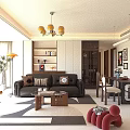 Modern Living Dining Room Interior With Sofa Coffee Table Chandelier Bookshelf Rug And Dining Chairs