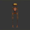 Orange Robot With Yellow Eyes And Metallic Structure Standing On Gray Background