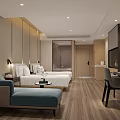 Hotel Guest Room Modern Interior With Twin Beds Wooden Flooring Window And Wall Mounted TV