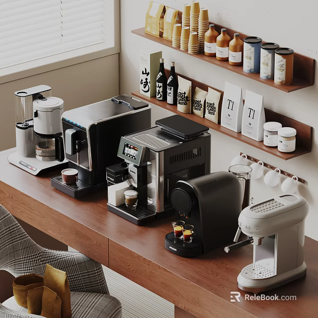 Modern Kitchen Countertop Featuring Coffee Machines Blender Toaster On Wooden Surface And Wall Shelves 3d model 
