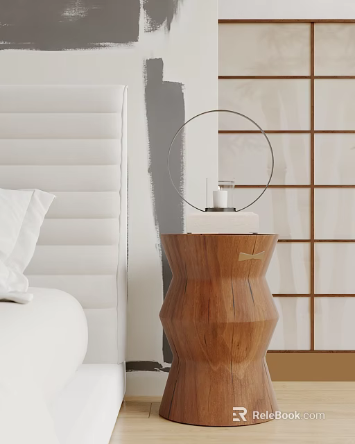 Modern Minimalist Table Lamp With Round Frame On Wooden Nightstand In Bedroom Interior 3d model 