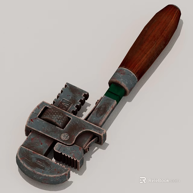 Rusty Metal Wrench With Wooden Handle And Green Accent Details 3d model 