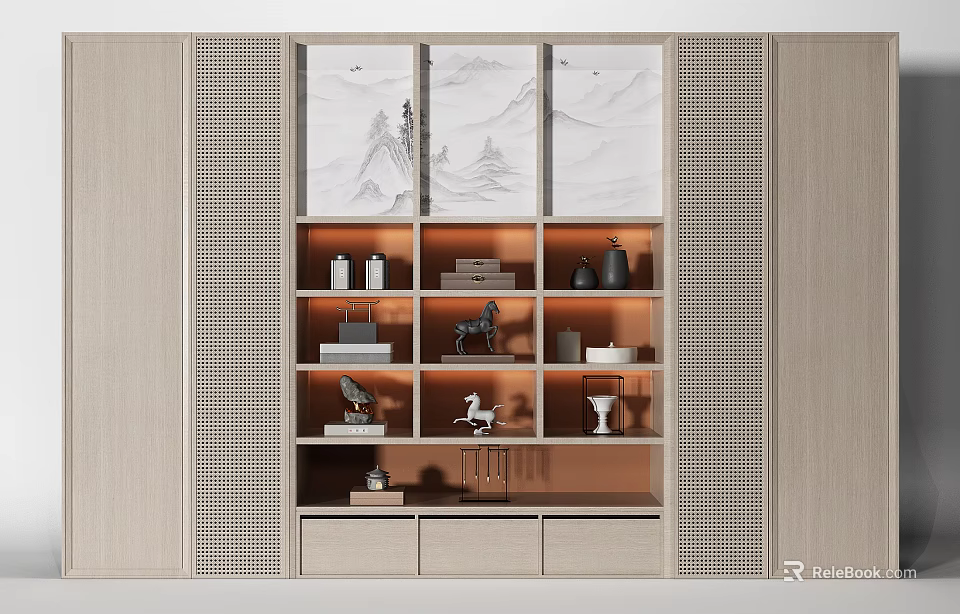 Modern Chinese Style Decorative Cabinet with Mountain Painting Panels Layered Shelves and Decorative Items 3d model 