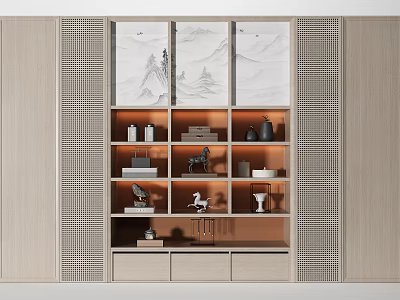 Modern Chinese Style Decorative Cabinet with Mountain Painting Panels Layered Shelves and Decorative Items 3d model
