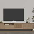 Modern Wooden TV Stand with Sleek Design Table Lamp Fruit Bowl Books Statue and Plant