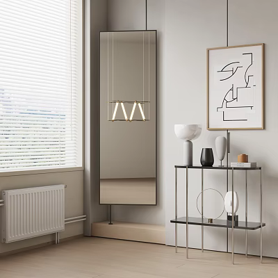 Modern Side Table with Hanging Mirror Wall Art and Decorative Vases in Living Room 3d model